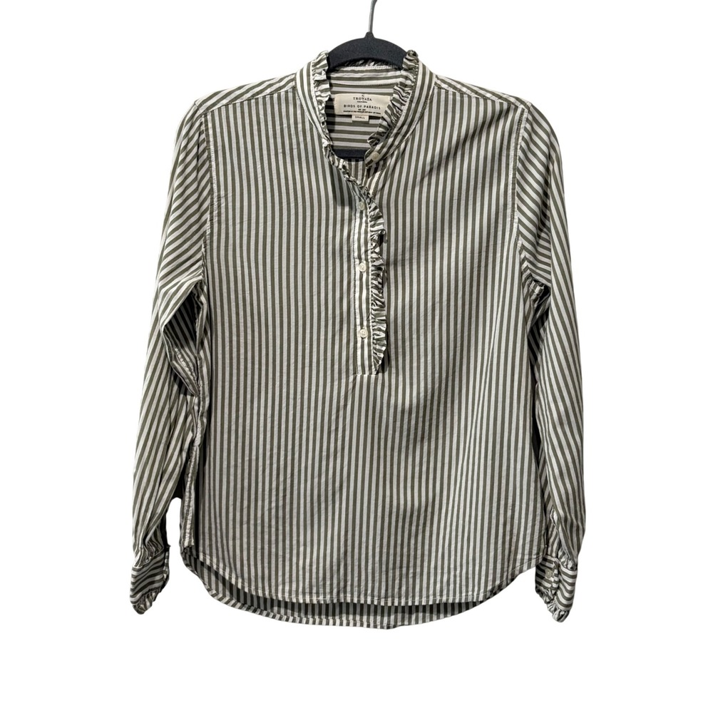 Trovata Birds of Paradis Breezy Blouse Womens Small Olive Green Ruffle Striped